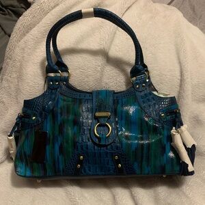 NWT Sharif Studio 3-Pc Set Blue Green Croc Leather Tassel Satchel Wristlet